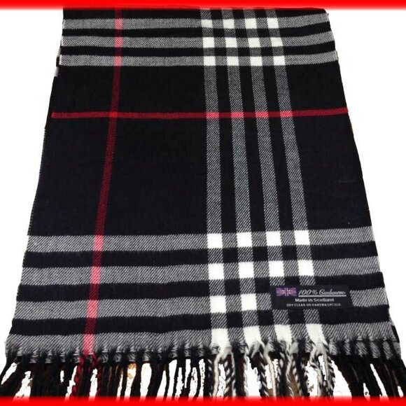Cashmere Scarf - Made in Scotland 100% Cashmere Black with Red and White Plaid - Picture 1 of 2
